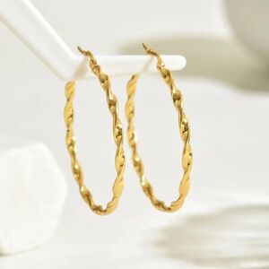18K Gold Large Twisted Metal Swirl Classic 2”Hoop Earrings Full Circle No Fade